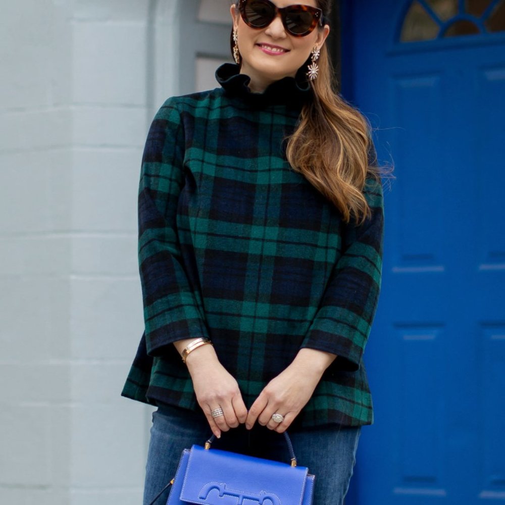 TUCKERNUCK Tartan Plaid Faye Blouse Top Ruffle Collar Career Wool Large